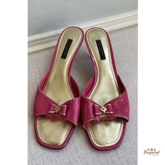 Authentic Louis Vuitton Mules Pink Patent Leather Flower Open Toe Sandals 7.5 - Picture 9 of 13